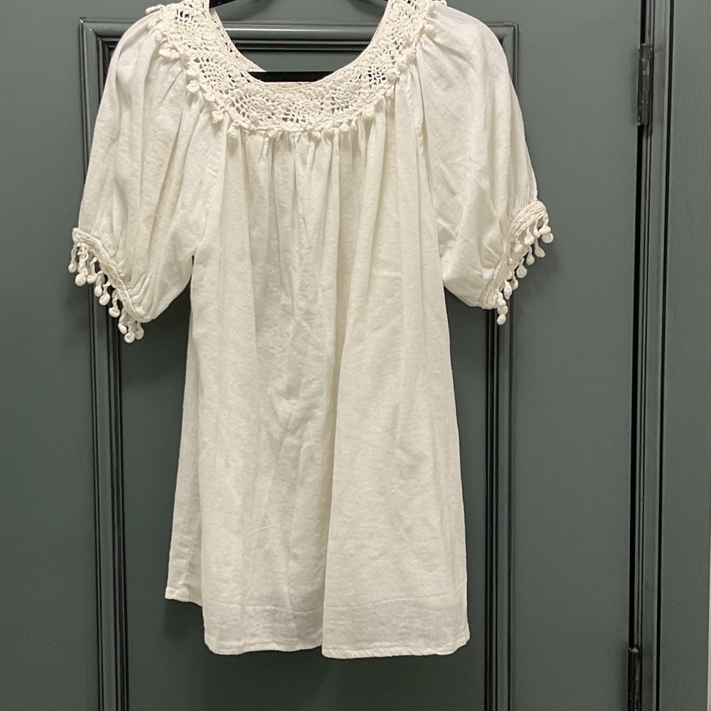 Natural cotton Boho Crochet Yoke White Puff Sleeve peasant Blouse/matching skirt